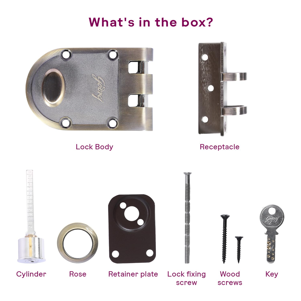 Godrej Rim Lock | Vertibolt Ultra Lock For Wooden Main Door | 1CK Deadbolt | 14 Pin Cylinder | For Inside Opening or Double Dooror Sliding Door | 4 Keys | 5 Yr Warranty | Manual Locking | Antique Brass